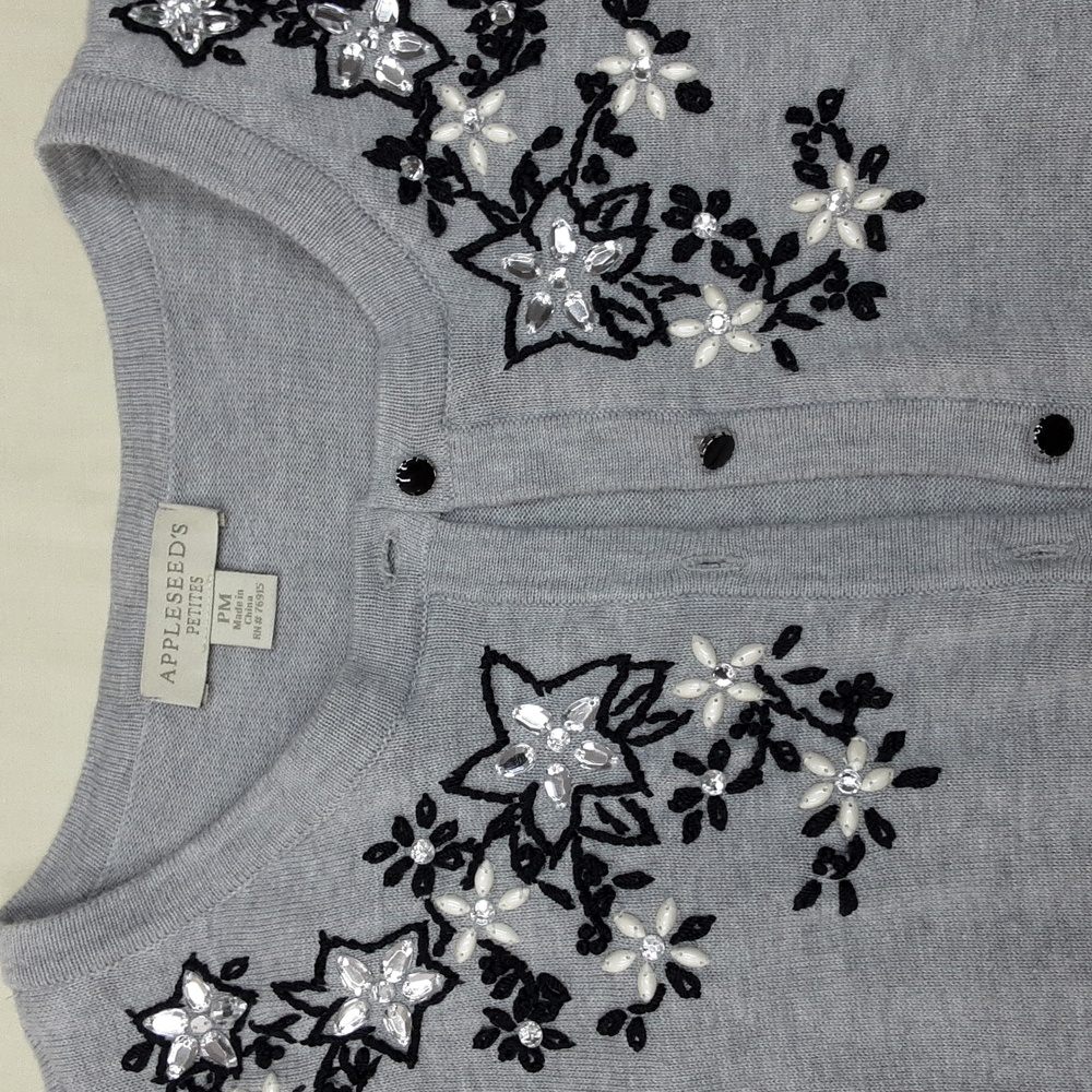 Appleseed's Petite Medium Cardigan Sweater Embroidered Bejeweled